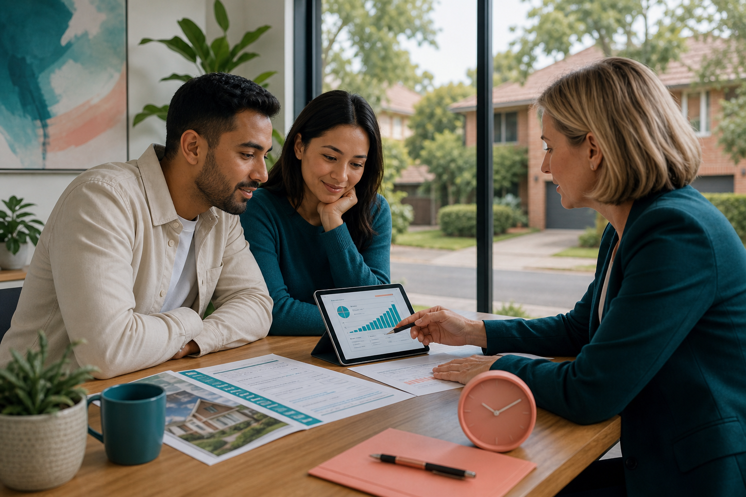 Australian homeowners reviewing home loan repayments with a mortgage broker