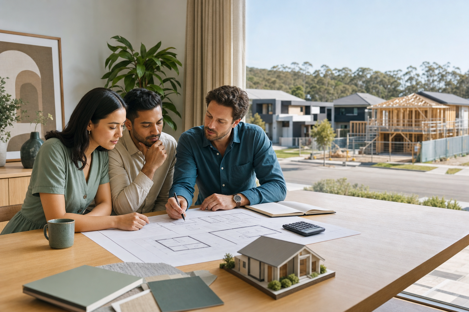 Australian couple reviewing new home plans and building costs